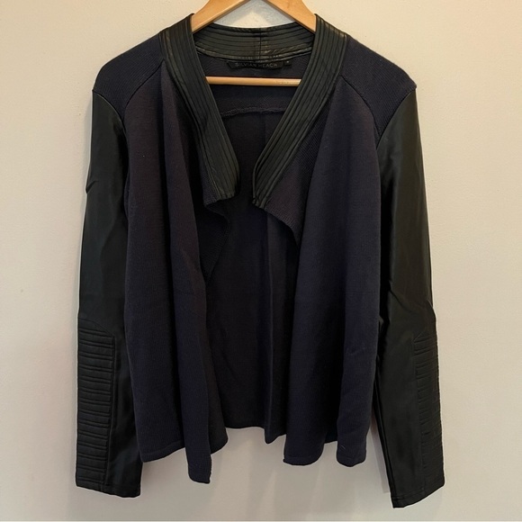 Silvian Heach Black and Blue Wool Blend Faux Leather Cardigan Women’s Medium - Picture 1 of 12
